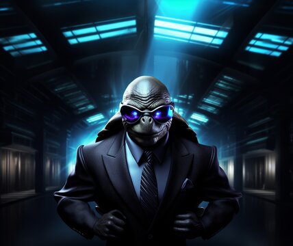 A turtle exudes sophistication and authority, clad in a tailored business suit against a dark and mysterious backdrop, a true embodiment of elegance, Futuristic