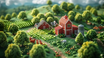 3d isometric illustration of a farm with a red barn, silo and vegetable garden, surrounded by trees and animals - obrazy, fototapety, plakaty
