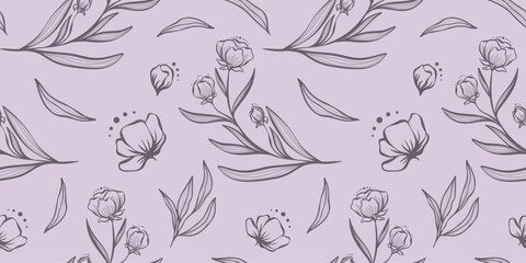 Seamless pattern with hand drawn botanical and floral elements for wallpaper, wrapping paper, textile products, print, web sites, background, social media, blog, presentation and greeting cards.