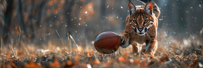 a Caracal playing with football beautiful animal photography like living creature - obrazy, fototapety, plakaty