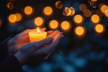 Activism for peace, candlelight vigil, twilight, soft focus on hands and candles, unity, intimate atmosphere , clean sharp focus - obrazy, fototapety, plakaty