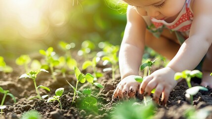 Child learning to plant a garden, focus on hands and soil, bright sunny day, concept of responsibility