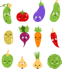 Funny cute happy vegetables with smile on their face. Set of vector elements instyle of doodles. Illustration on transparent background.