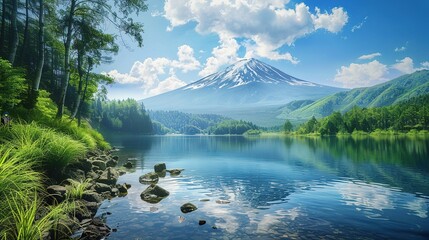 Beautiful landscape of mountain fuji around yamanakako lake  ,Generative ai,  - obrazy, fototapety, plakaty