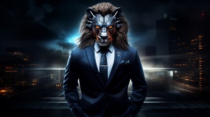 Full-length shot of a lion exuding power and sophistication, clad in a business suit against a dark, enigmatic background, Futuristic