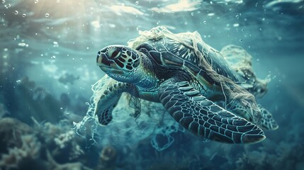 Fototapeta premium A scene of a sea turtle caught in a plastic fishing net amidst a polluted underwater environment