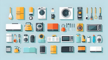 Fototapeta na wymiar Comprehensive Collection of Sleek and Functional Home Appliances Depicted in a Minimalist Flat Design