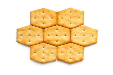 Honeycomb pattern of crackers on white background. Salty biscuits, crackers.