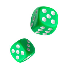 Two green dice in air on white background