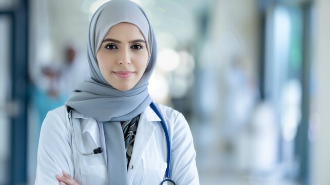 Confident female research scientist in hijab with healthcare professional attire in a medical setting