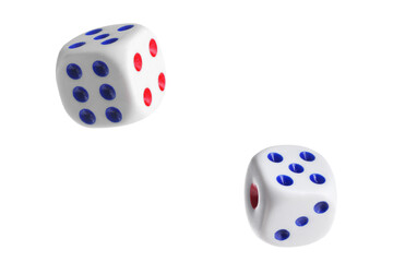 Two dice in air on white background