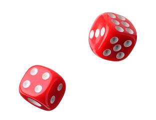 Two red dice in air on white background