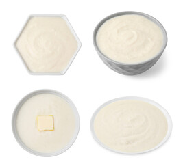 Set of cooked semolina porridge in bowls on white background