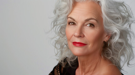 Mature middle aged woman looking at camera, isolated on gray background