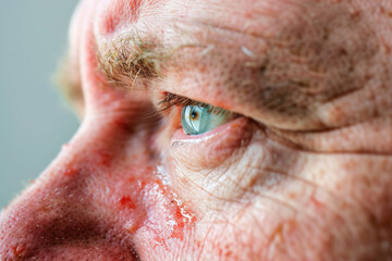 Close-up of a man's face with superimposed redness, itching, and watery eyes, depicting allergic rhinitis triggered by environmental factors. - obrazy, fototapety, plakaty
