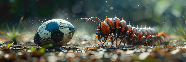 a Centipede playing with football beautiful animal photography like living creature - obrazy, fototapety, plakaty
