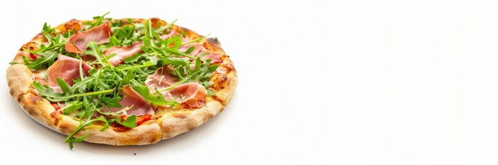 Fototapeta na wymiar High-end gourmet pizza topped with prosciutto, arugula, and cheese, presented on a white background, symbolizing Italian cuisine banner copy space. Gourmet Pizza with Prosciutto and Arugula