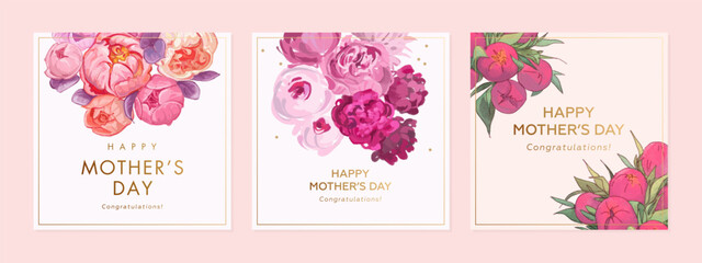 Mother's day greeting square background with hand drawn flowers and golden frame. Vector illustration for poster, card, promotional materials, website