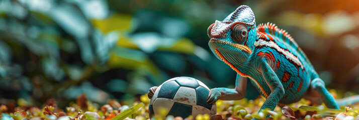 a Chameleon playing with football beautiful animal photography like living creature
