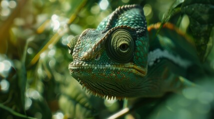 green chameleon with green leaves on the background