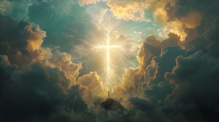 Dawn of Divinity: Radiant Cross Shape in Clouds Marks Jesus' Ascension to Heaven - obrazy, fototapety, plakaty