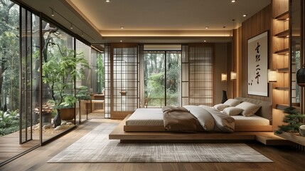 Modern Zen Bedroom Interior with Garden View