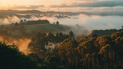 Breathtaking view of the trees and foggy hills captured at sunset in Hawke's Bay,  ,Generative ai, 