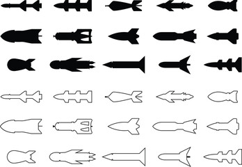 Set of Missile icons in flat styles editable stock. Combat rocket weapons. Nuclear atomic warhead symbols. Army or military guided Missile signs. Air missile attack for web on transparent background. - obrazy, fototapety, plakaty