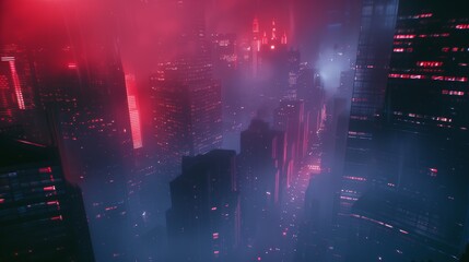 city with neon red vibe with bird point of view - obrazy, fototapety, plakaty