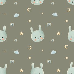 cute nursery nighty dreamy bunny seamless pattern, clouds, stars, rainbows, pastel colors