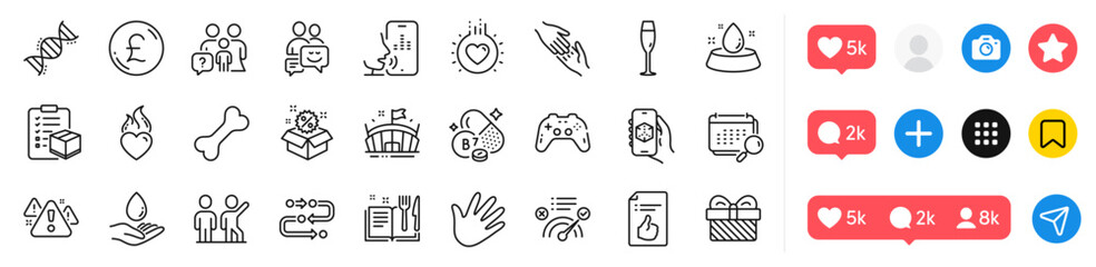 Family questions, Correct answer and Methodology line icons pack. Social media icons. Gamepad, Biotin vitamin, Hand web icon. Parcel checklist, Dog bone, Calendar pictogram. Vector