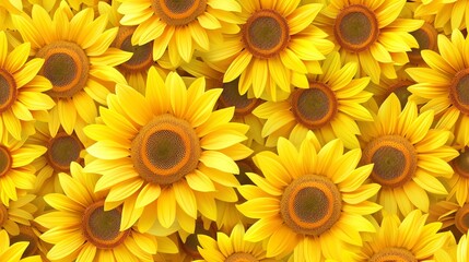 Bright yellow sunflowers fill the frame, creating a bold and cheerful pattern. The sunflowers are in different stages of bloom.