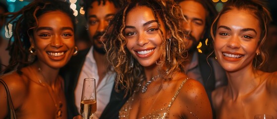 A diverse group of friends celebrating New Years Eve with champagne. Concept New Years Eve Celebration, Diverse Friends, Champagne Toast, Festive Atmosphere