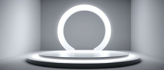 Podium background 3D light tech stage future platform game abstract. Podium 3D background technology room product circle glow effect portal stand studio scene white design ring modern display space
