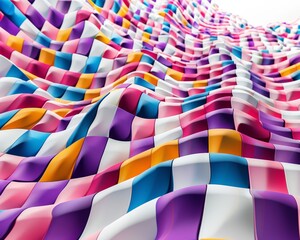 An illustration of a colorful wavy surface made of square tiles in geometric cubism style, rippled abstract plain, AI Generated.
