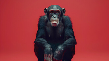 a Chimpanzee Pant hoots, studio shot, against solid color background, hyperrealistic photography, blank space for writing