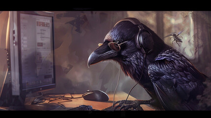 Fototapeta premium Information Technologies in the Animal World. Black raven in headphones at computer. AI generated.