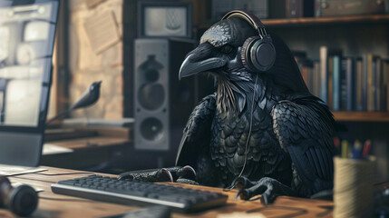 Fototapeta premium Information Technologies in the Animal World. Black raven in headphones at computer. AI generated.