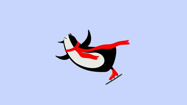 A penguin in a red scarf is skating on the ice. Animation.