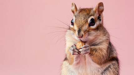 a Chipmunk Gathering nuts, studio shot, against solid color background, hyperrealistic photography, blank space for writing