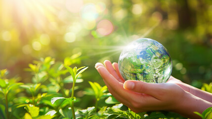 Environmental protection concept. Globe in women's hands on the background of greenery. AI generated.