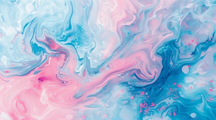 Abstract background with pink and blue swirls of liquid paint. Pastel colored fluid art painting. Modern wallpaper for interior design, decoration, and poster print. Trendy fashion illustration backgr
