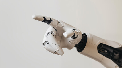 Closeup Shot Of Robotic Hand Pointing Finger, white background,