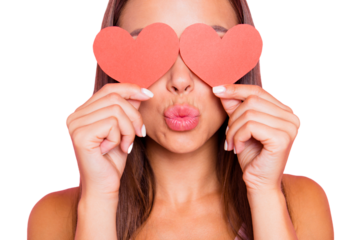 Close up cropped photo of gorgeous attractive gorgeous nice adorable lady person close eyes two cute small little red shape carton postcards she isolated on pink pastel shine background send kiss