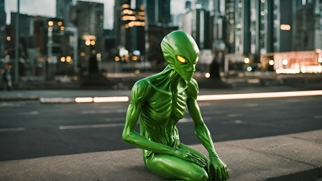 A green alien in the city, with cosmic eyes looking at a new, alien space for him.