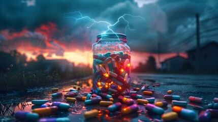 Electrifying Jar of Psychedelic Pills Amid Stormy Skies - obrazy, fototapety, plakaty