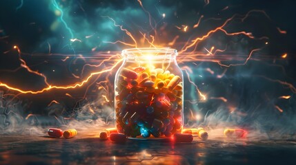 Electrified Jar of Colorful Medicinal Capsules Amid Dramatic Lightning Storm - obrazy, fototapety, plakaty