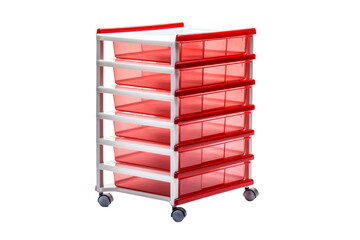 Red and White Cart With Six Drawers. On a White or Clear Surface PNG Transparent Background.