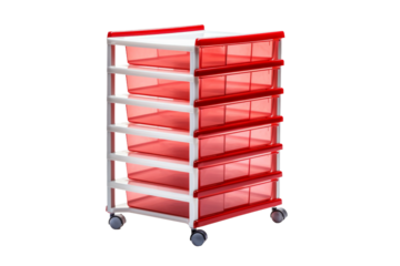 Red and White Cart With Six Drawers. On a White or Clear Surface PNG Transparent Background.