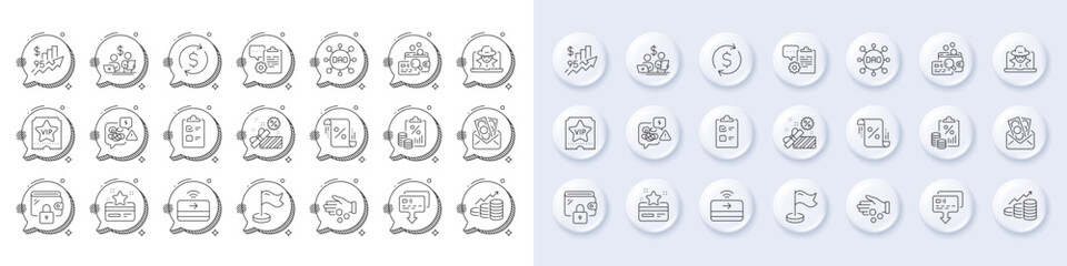 Fototapeta premium Inspect, Dao and Tax document line icons. White pin 3d buttons, chat bubbles icons. Pack of Loyalty card, Checklist, Sale icon. Milestone, Growth chart, Vip ticket pictogram. Vector